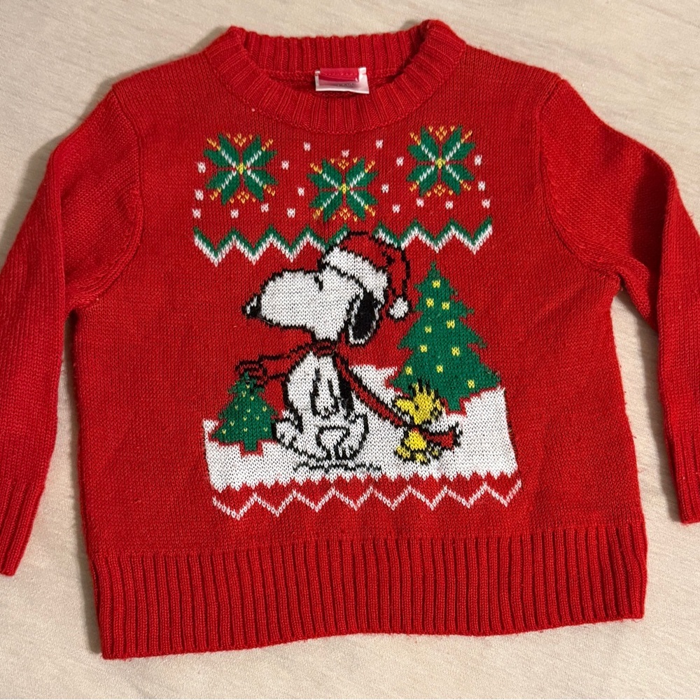 Peanuts Red Christmas Sweater with Snoopy and Woodstock